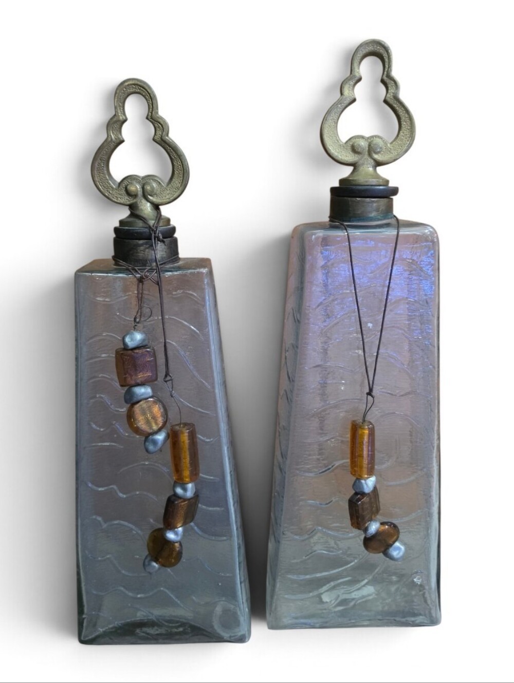 Pair of Decorative Glass Bottles with Brass Stoppers - Clear with Amber Accents